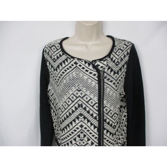 Lucky Brand Cardigan Sweater Womens Medium Aztec Southwestern Black White Zip Up - Picture 4 of 15